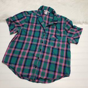 Victoria's Secret Plaid Flannel Pajama Top Short Sleeve Teal Pink Soft Sz Small